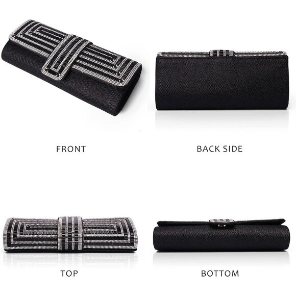 Womens Black Crystal Sparkly Evening Clutch Purse with Rhinestones Wedding - Picture 4 of 6